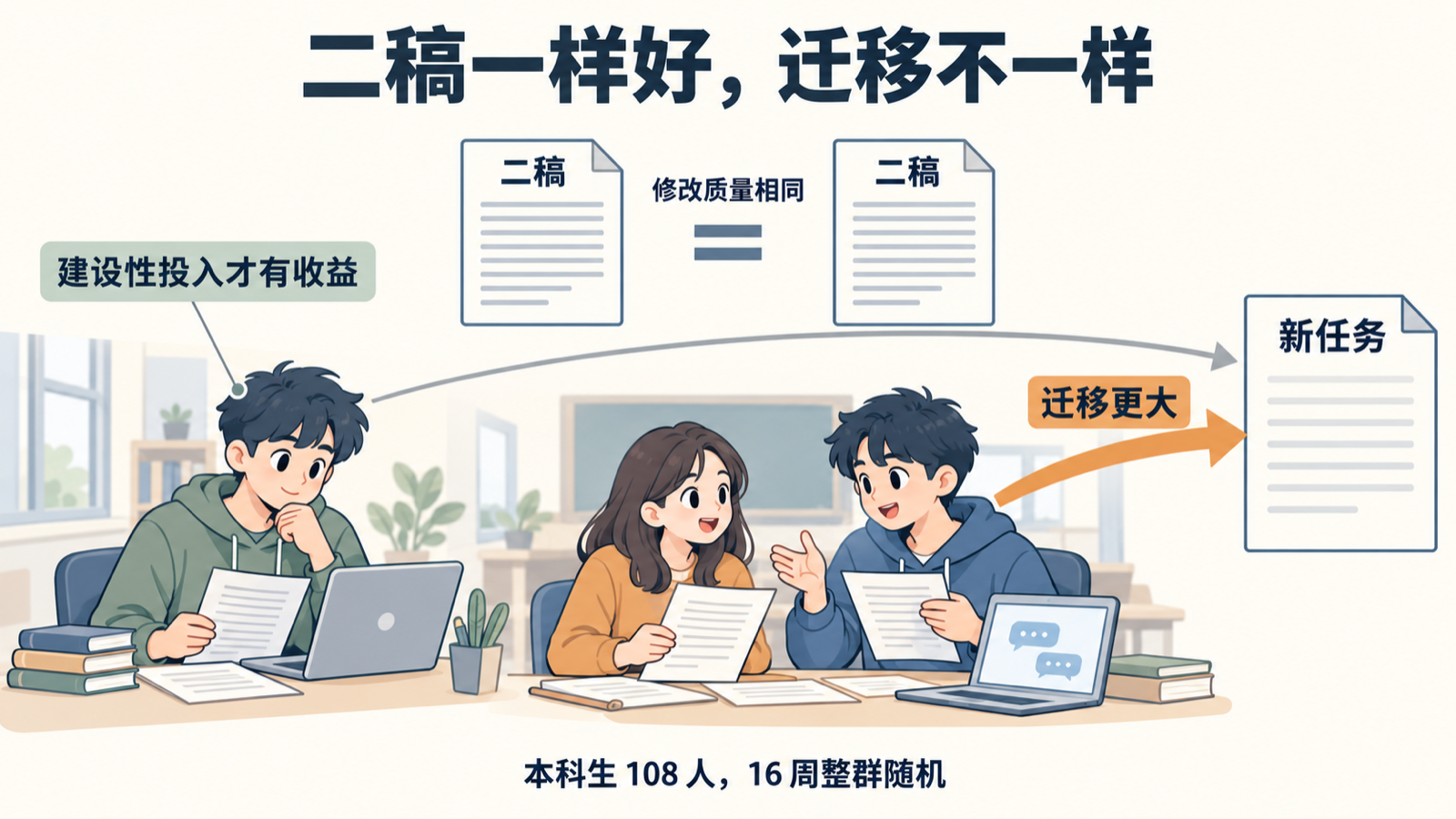 两臂二稿质量相同，同伴互评组学习迁移更大