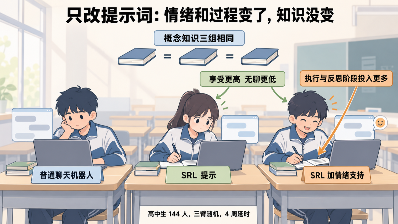 三臂只改提示词，情绪与过程有差异，知识三组相同