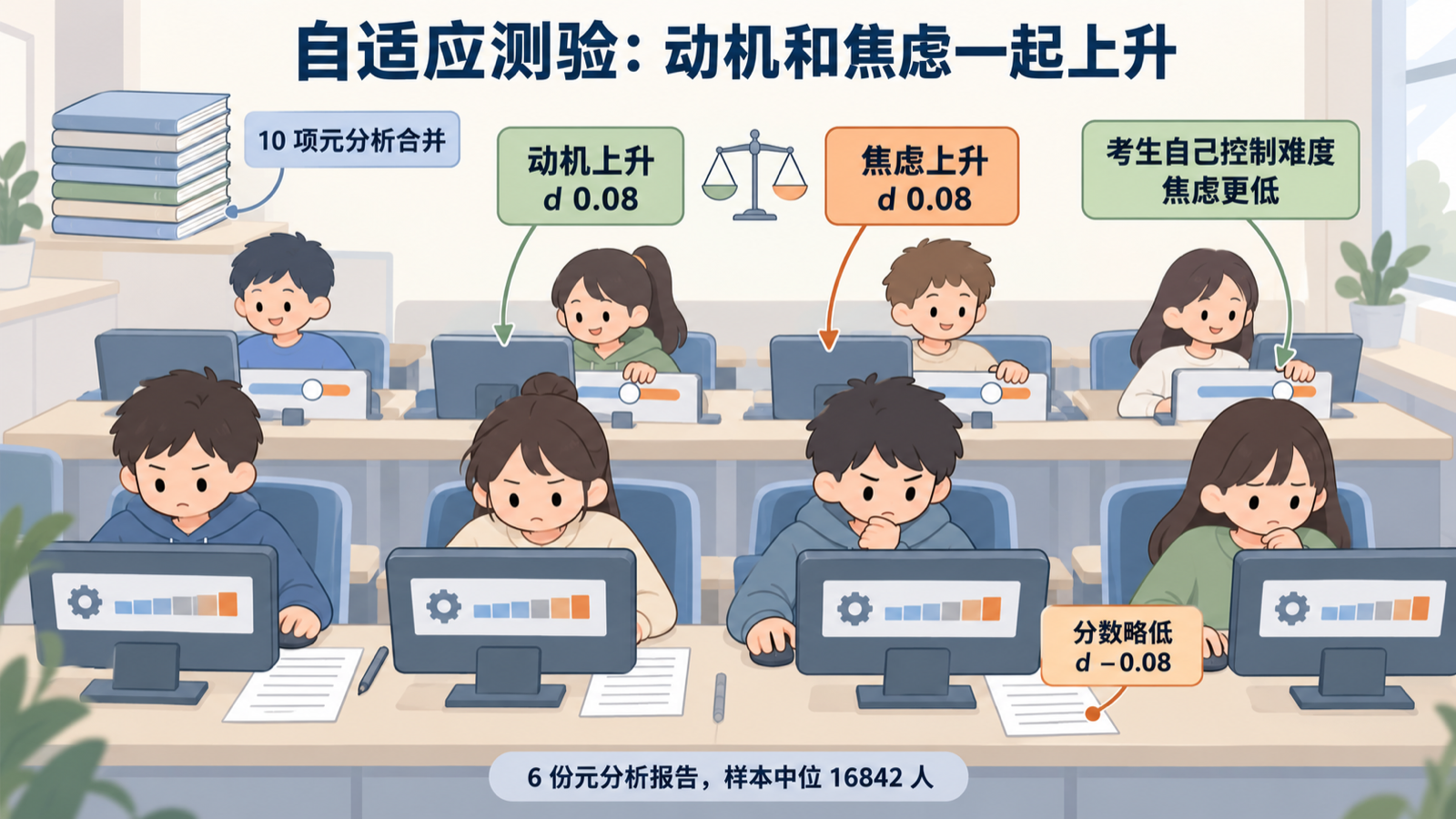 自适应测验动机与焦虑同时上升，考生自控难度时焦虑更低