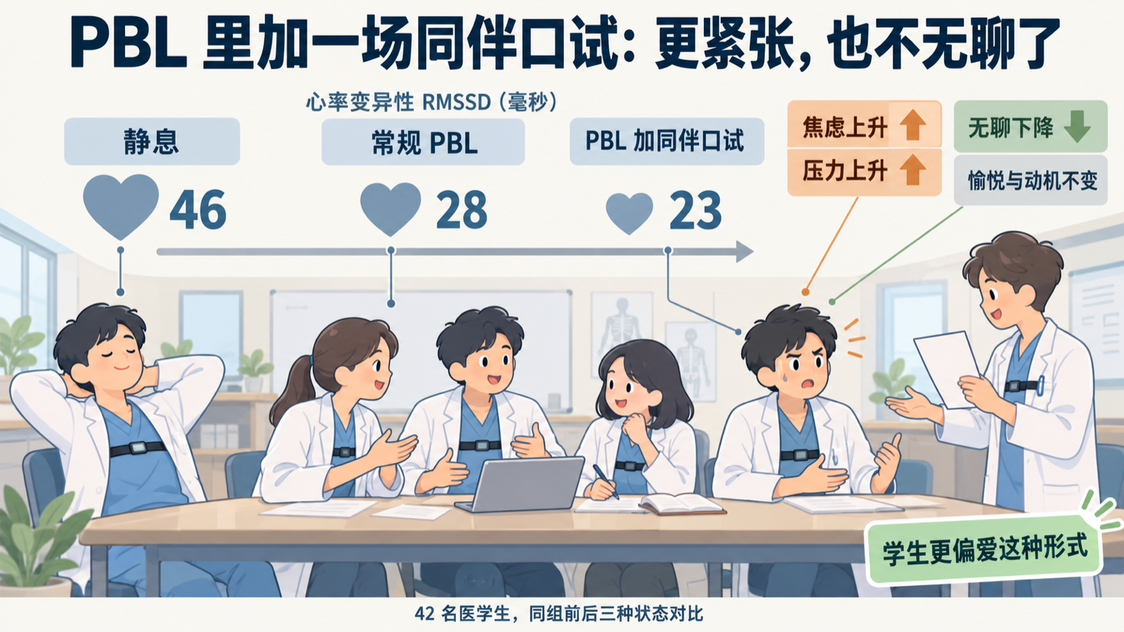 心率变异性从静息到常规 PBL 再到同伴口试逐级下降,焦虑与压力上升、无聊下降