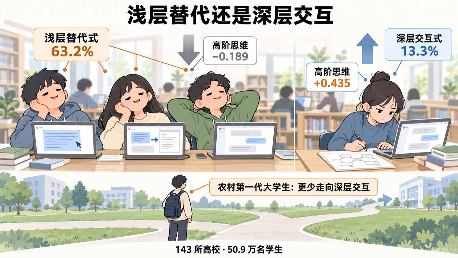 六成学生停在浅层替代式使用,与高阶思维负相关;少数深层交互式使用者与高阶思维正相关