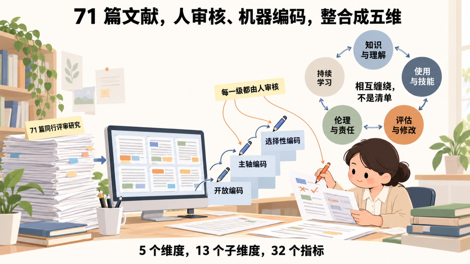 71 篇文献经 LLM 三级编码与逐级人工审核,整合为五个相互缠绕的维度
